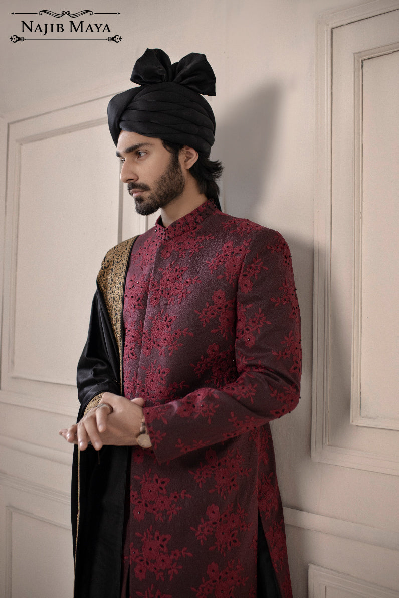 Maroon Hand Work Embroidered Sherwani  For Men's