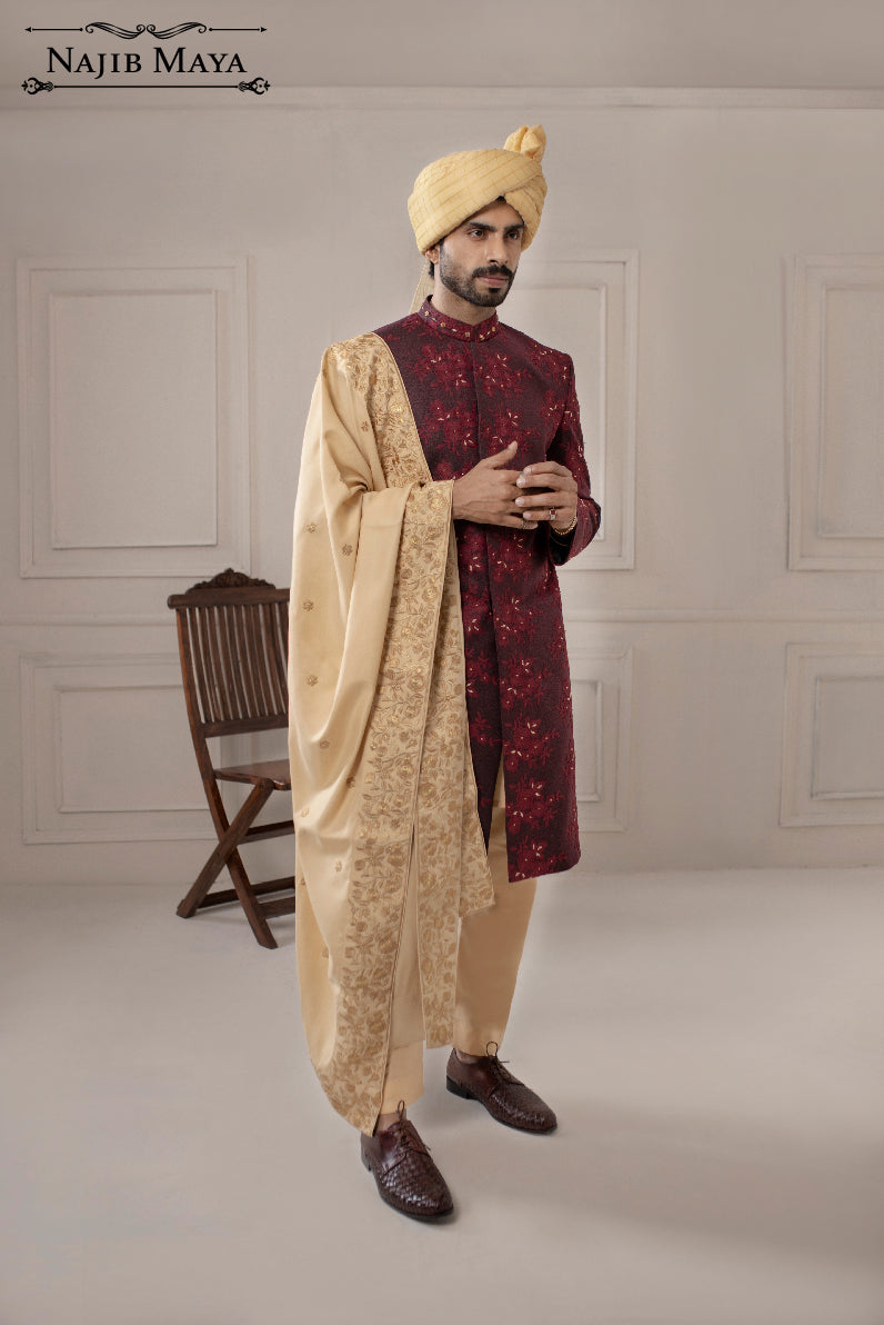 Maroon Hand Work Embroidered Sherwani For Men's Secondary image