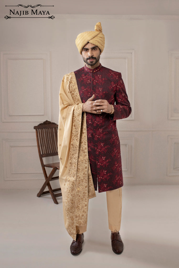 Maroon Hand Work Embroidered Sherwani For Men's