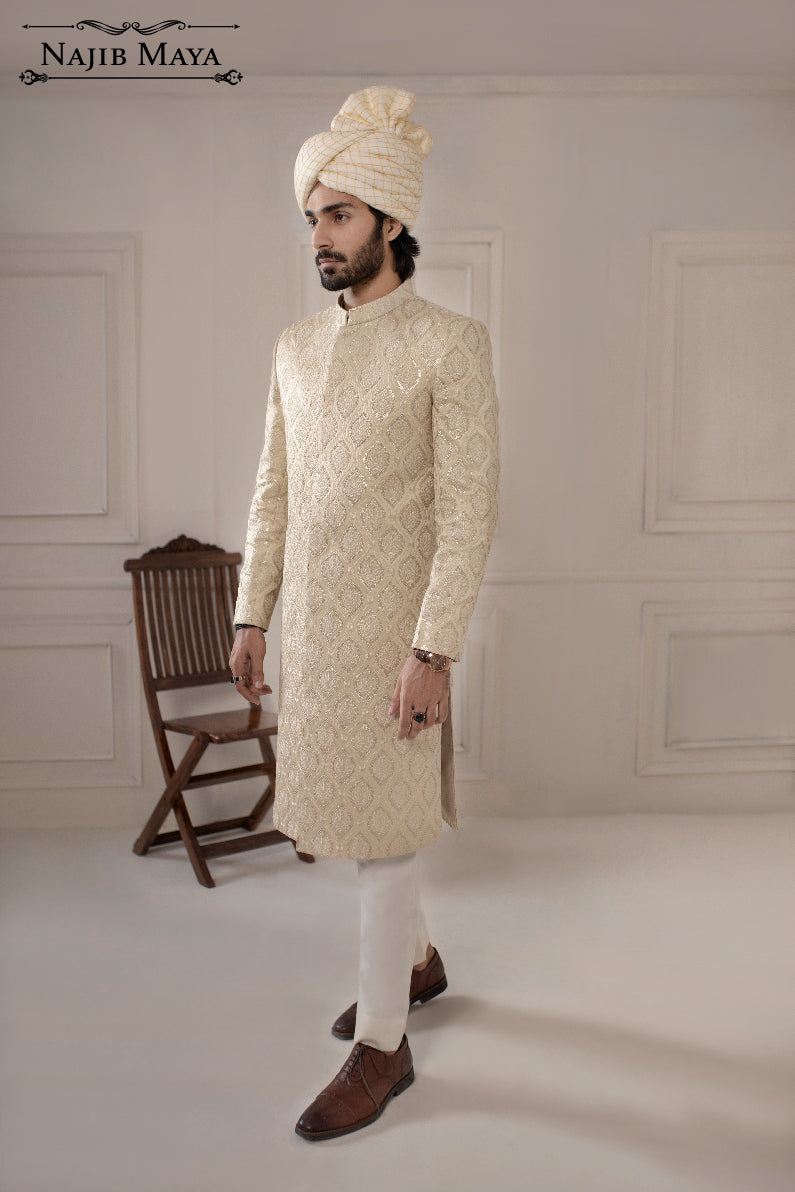 Off White Sequence Embroidered Sherwani For Men's Secondary image