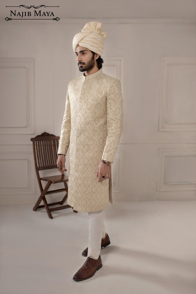 Off White Sequence Embroidered Sherwani For Men's