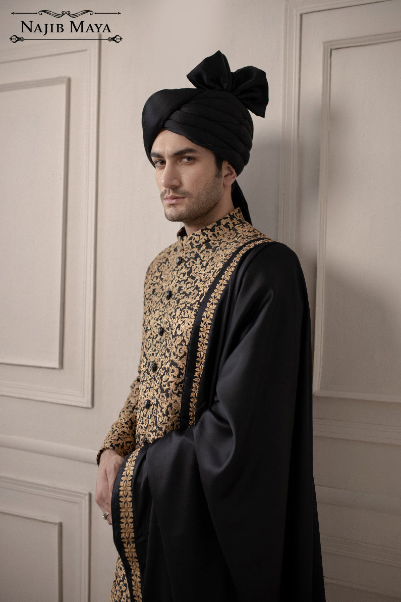 Black With Golden Embroidered Sherwani For Men's