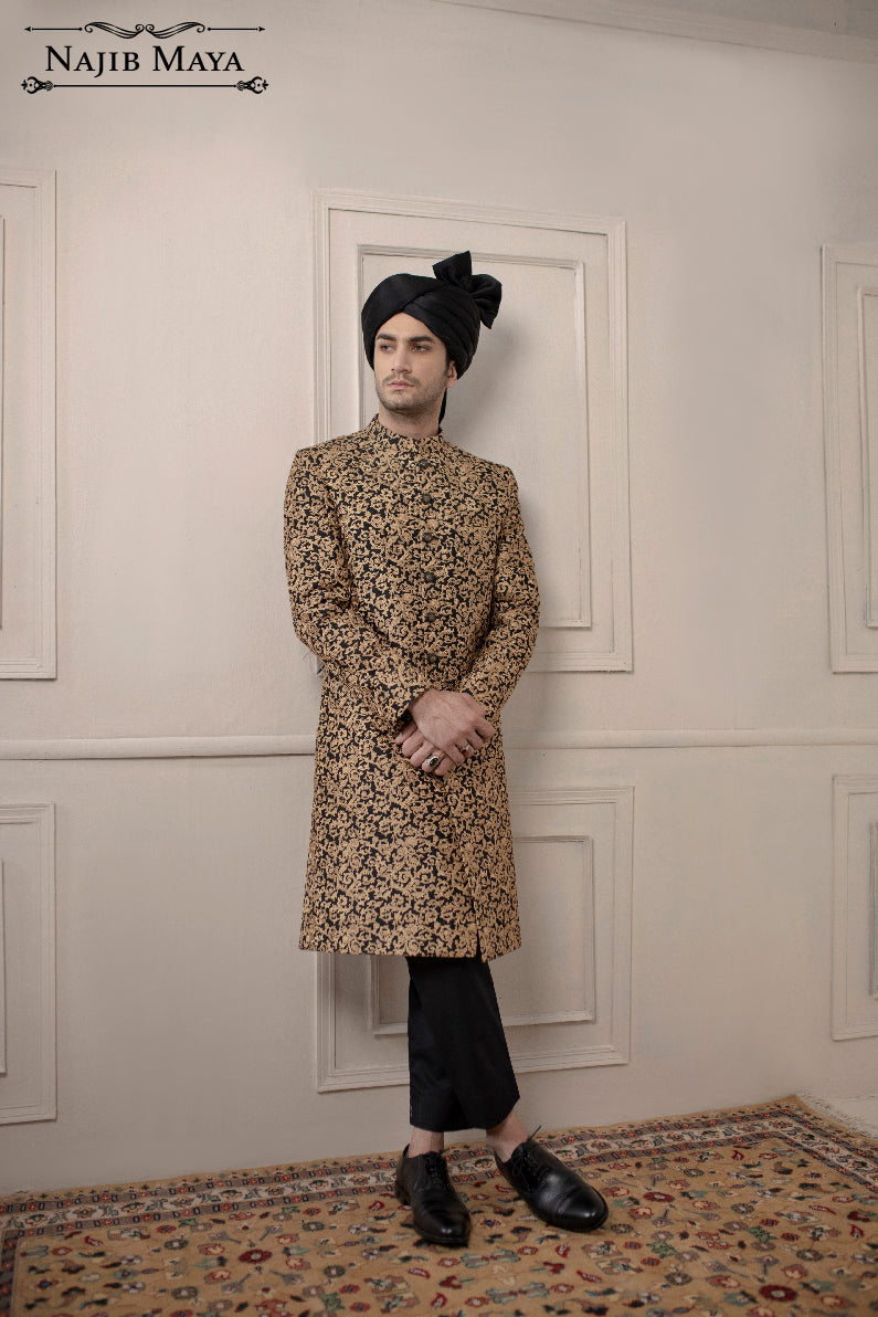 Black With Golden Embroidered Sherwani For Men's Secondary image