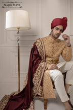 Stylish Golden Embroidered Sherwani For Men's