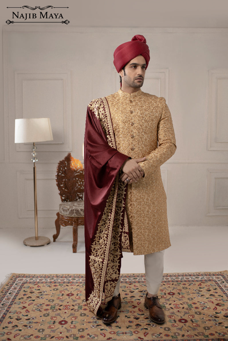Stylish Golden Embroidered Sherwani For Men's