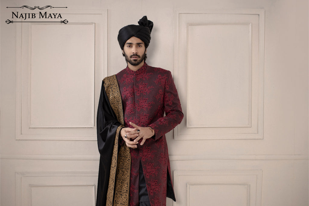 Maroon Hand Work Embroidered Sherwani  For Men's