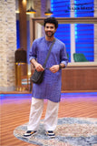 Blue Printed Kurta With Bell Bottom Pajama For Men's