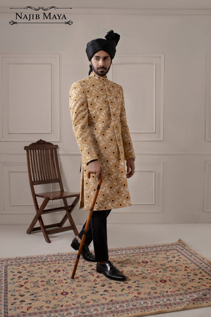 Golden & Black Dotted Embroidery Sherwani For Men's