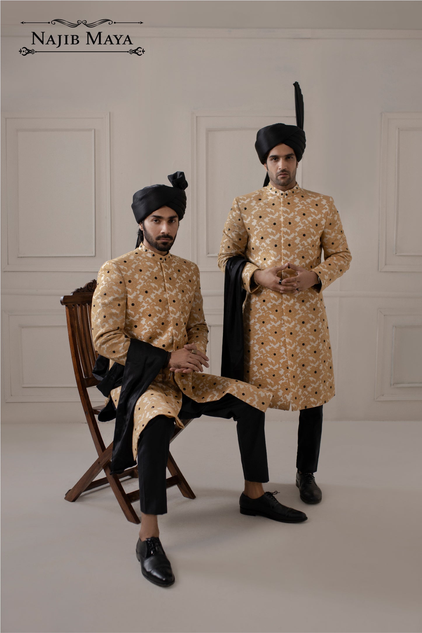 Golden & Black Dotted Embroidery Sherwani For Men's