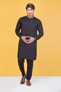 Black Neck Embroidery Kurta Pajama For Men's