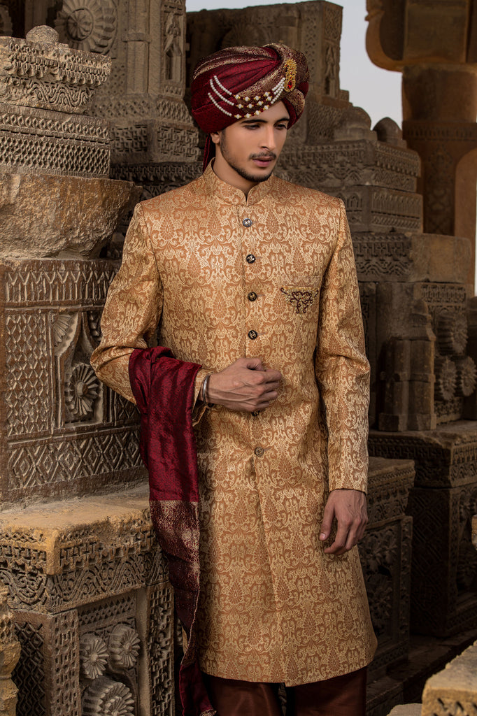 Golden Stylish With Maroon Turban Sherwani For Men's