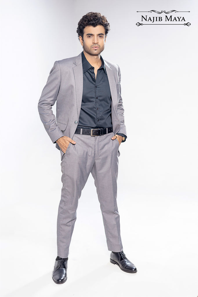 Grey Elegent Coat Pant With Black Shirt  For Men's