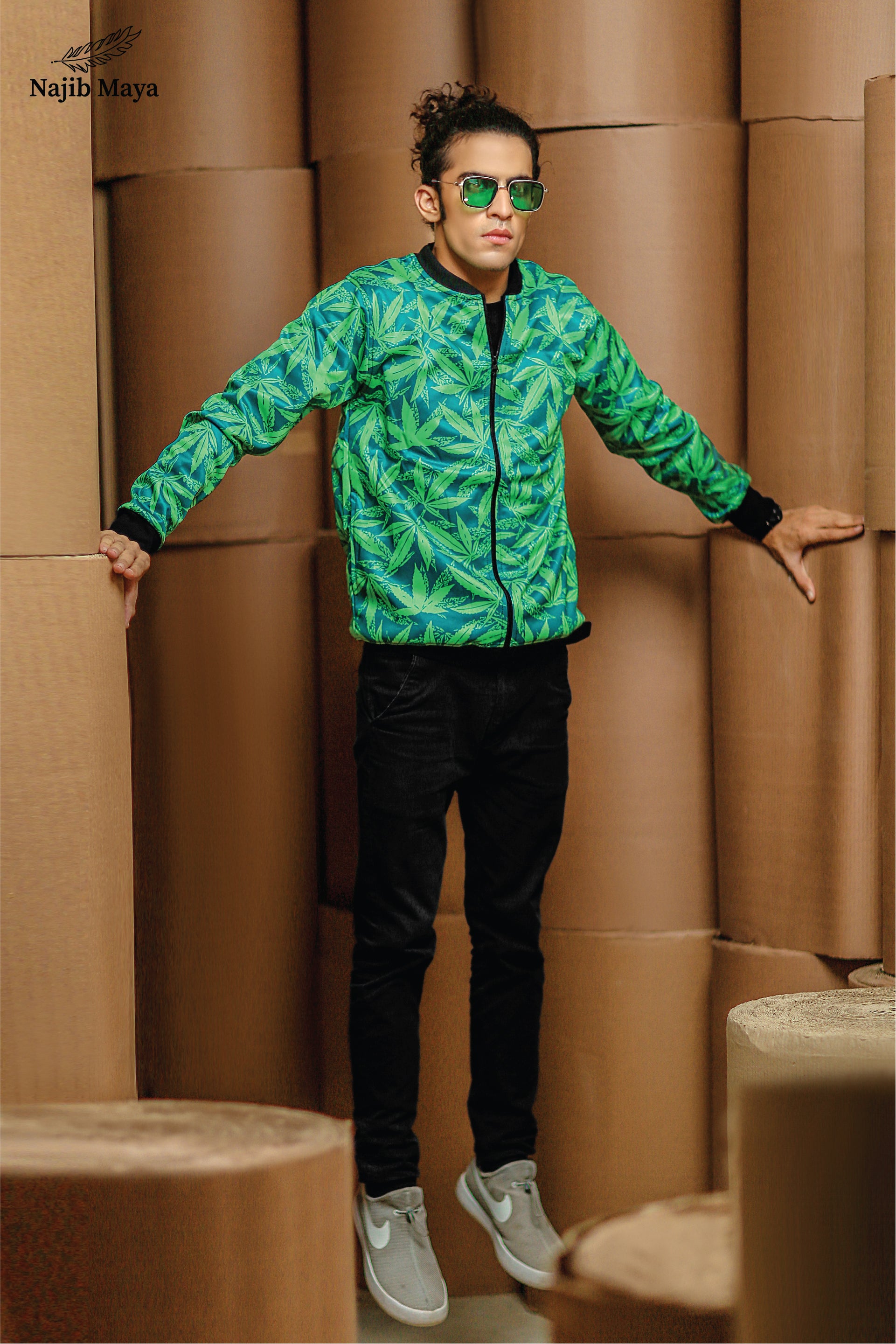 Green Leaf Bomber Jacket For Men's Secondary image