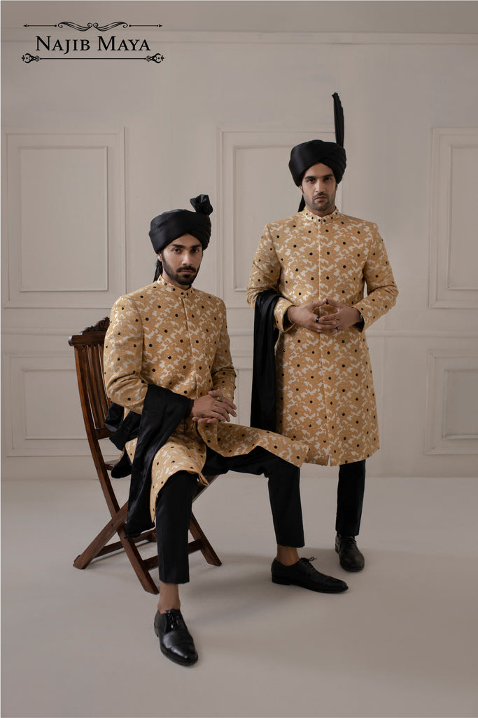 Golden With Black Dotted Embroidered Sherwani For Men's