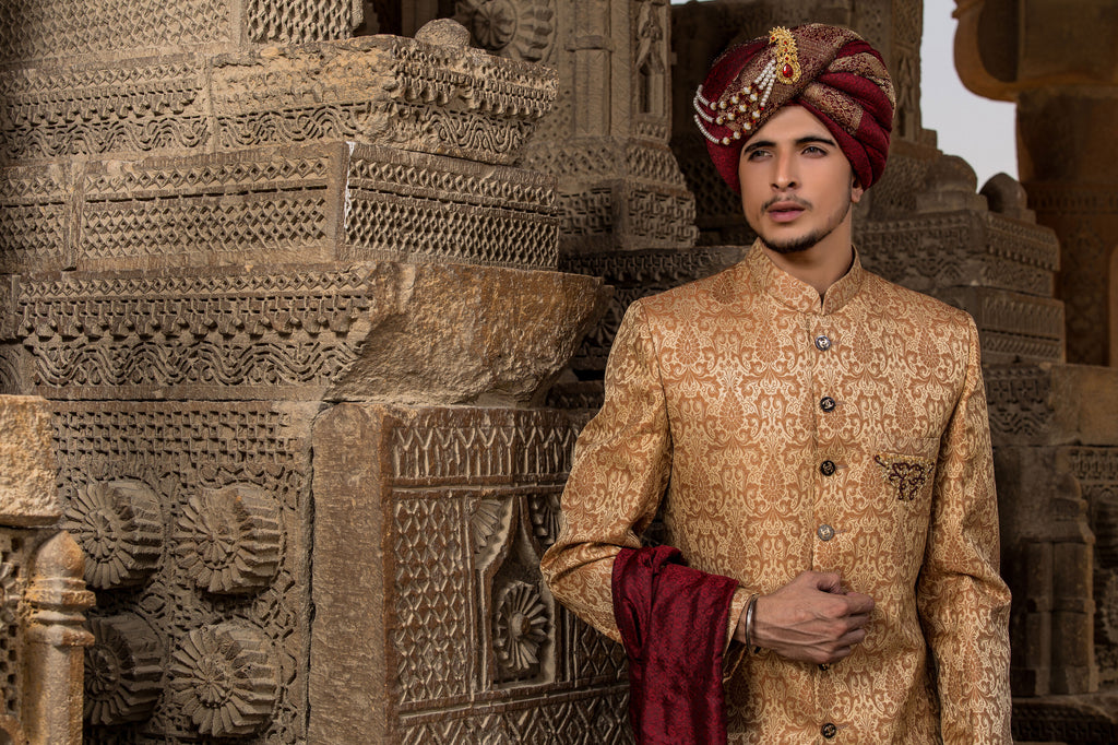 Golden Stylish With Maroon Turban Sherwani For Men's