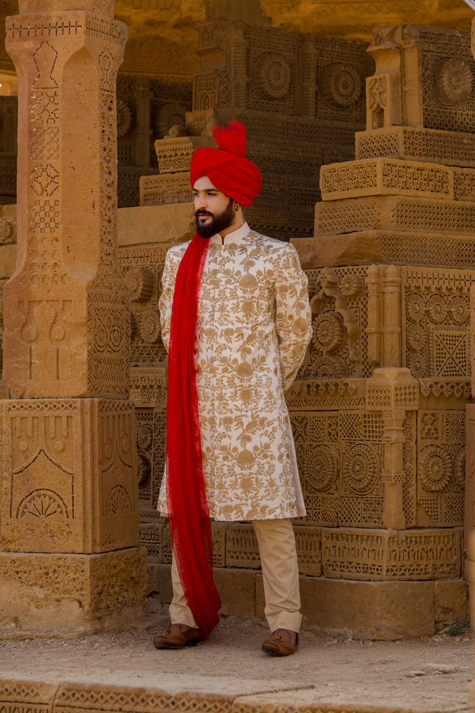 White Sherwani With Golden Design For Men's