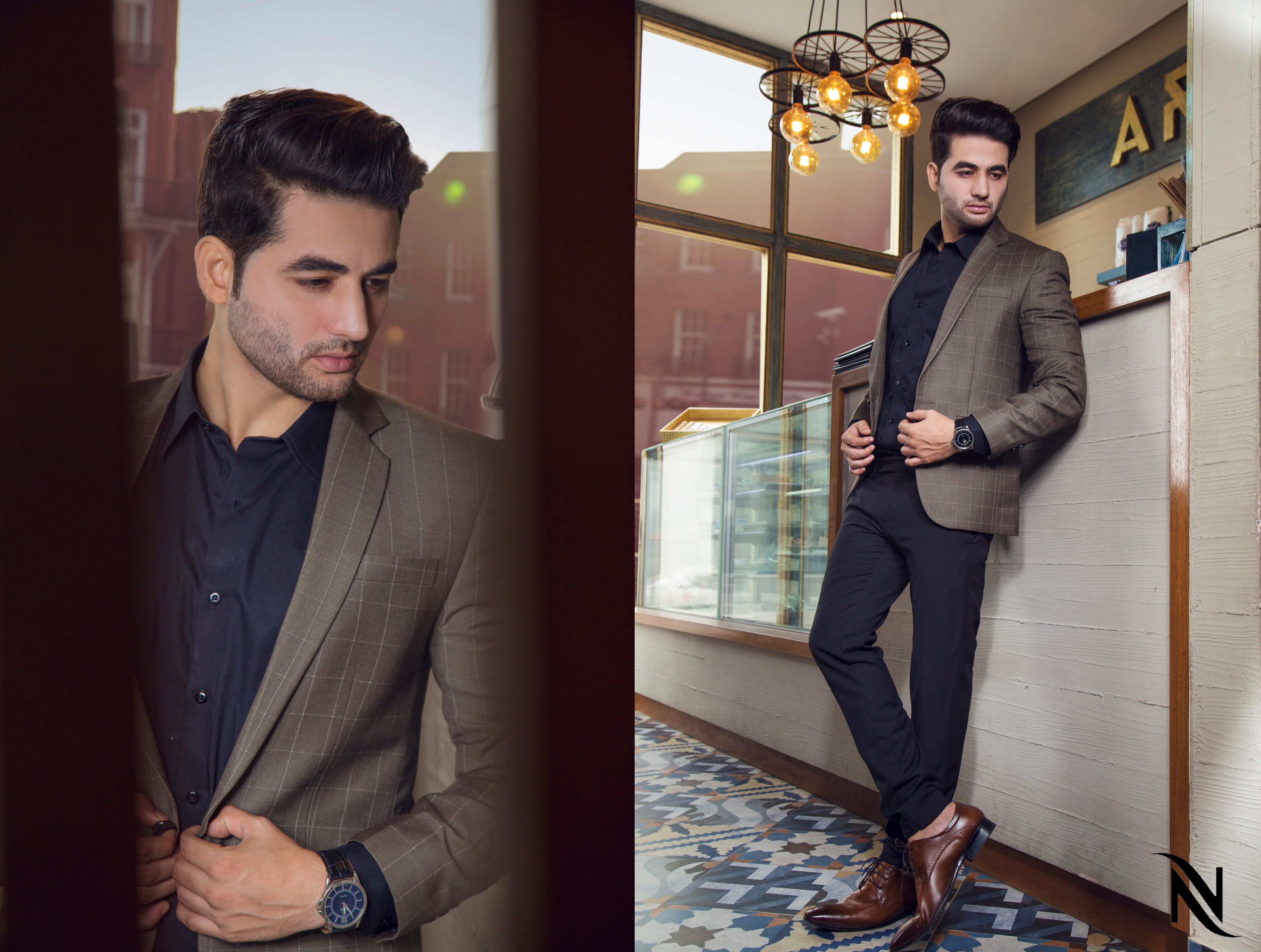 Brown Check Coat With Pent For Men's Main image