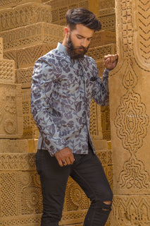 Grayish Printed Prince Coat With Black Pant For Men's