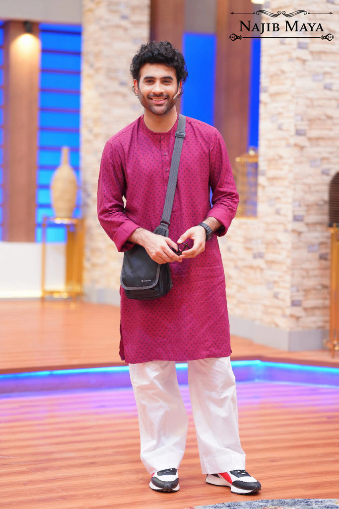 Dark Pink Kurta With Bell Bottom Pajama For Men's