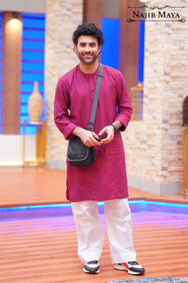 Dark Pink Kurta With Bell Bottom Pajama For Men's