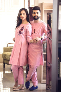 Pinkish Embroidery Kurta Pajama For Couples