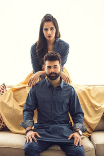 Blue Front Double Pocket Kurta Pajama For Couples