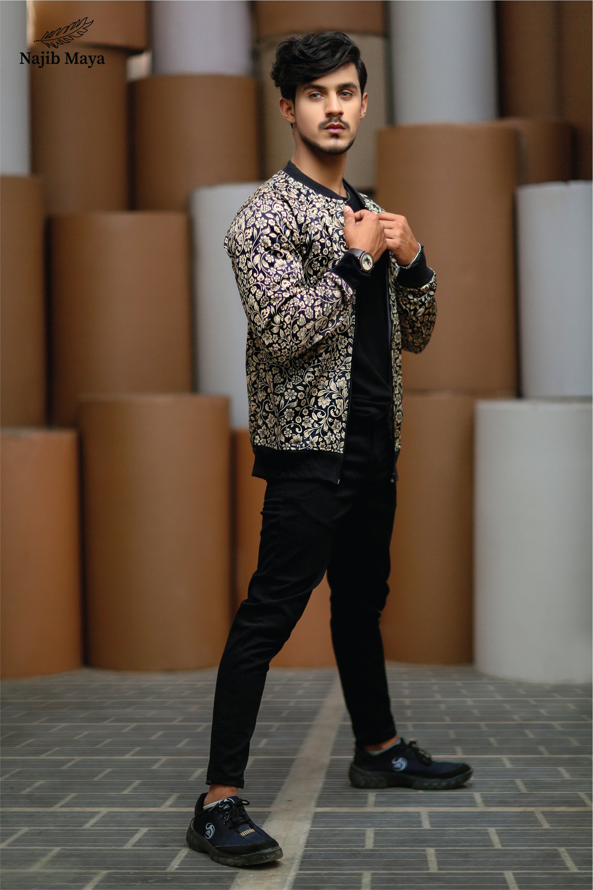 Creamy Printed Bomber Jacket For Men's Main image