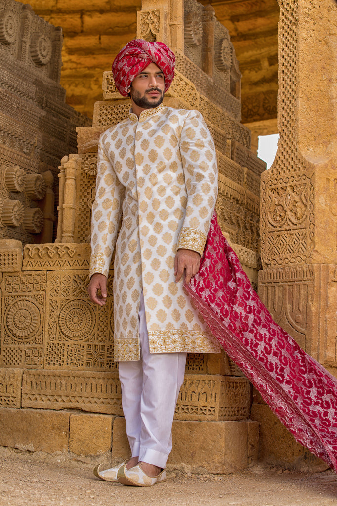 White Sherwani With Golden Design For Men's