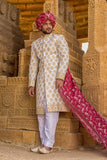 White Sherwani With Golden Design For Men's