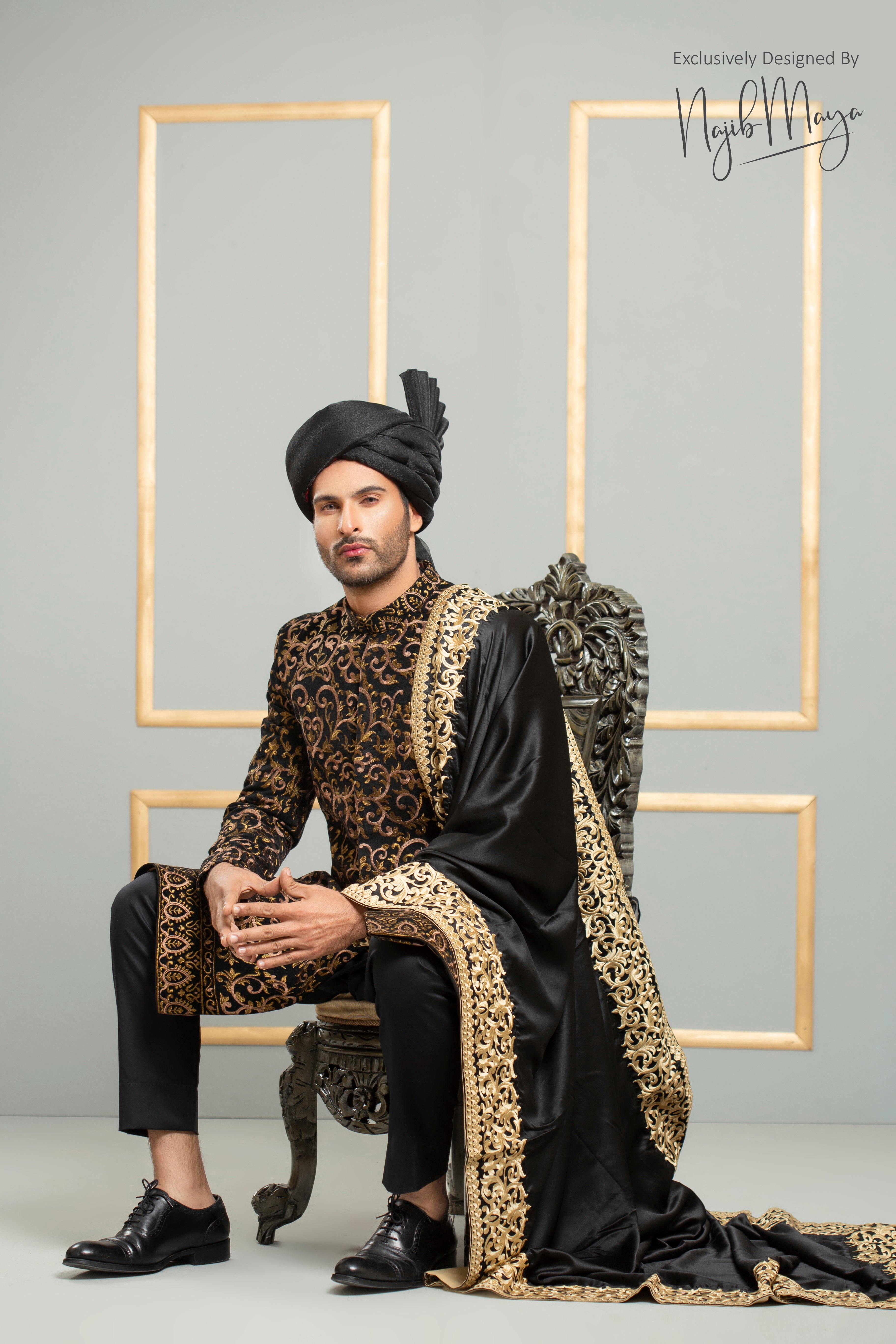 Black With Golden Sequence Embroidered Sherwani For Men's Main image