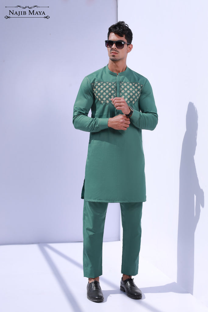 Green Front Embroidery Kurta Pajama For Men's