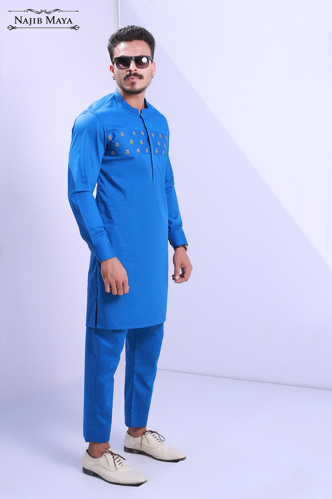 Blue Stylish Front Embroidery Kurta Pajama For Men's
