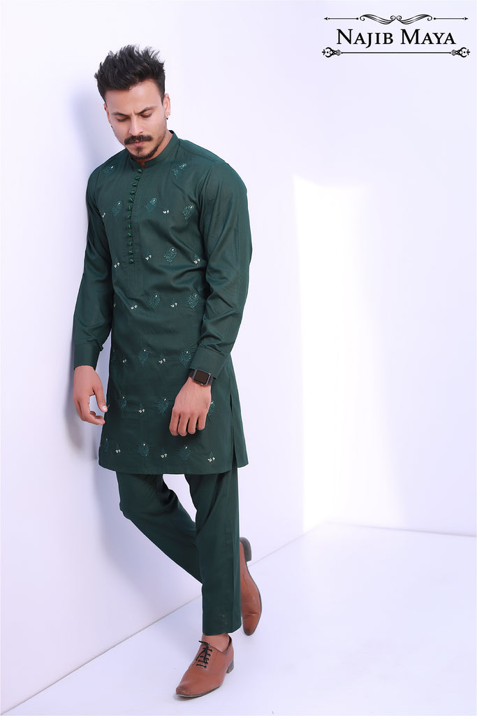 Green Stylish Embroidery Kurta Pajama For Men's