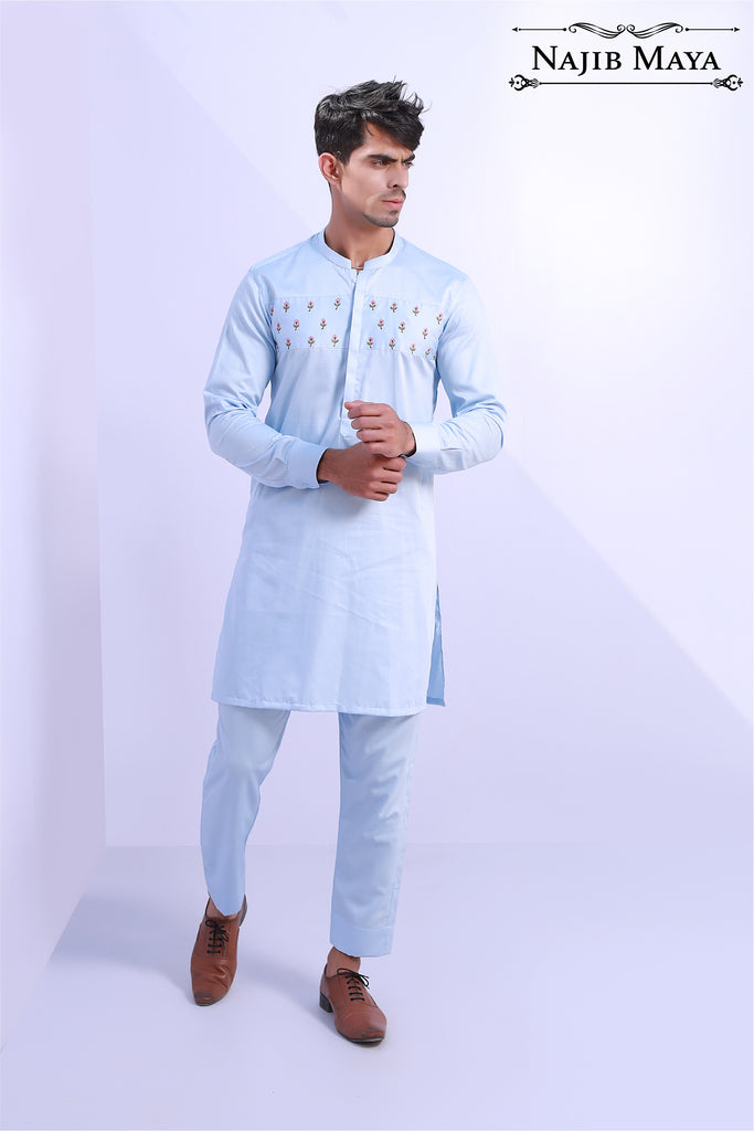 Light Blue Front Embroidery Kurta Pajama For Men's