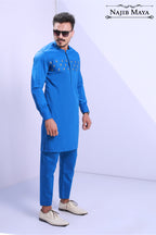 Blue Stylish Front Embroidery Kurta Pajama For Men's
