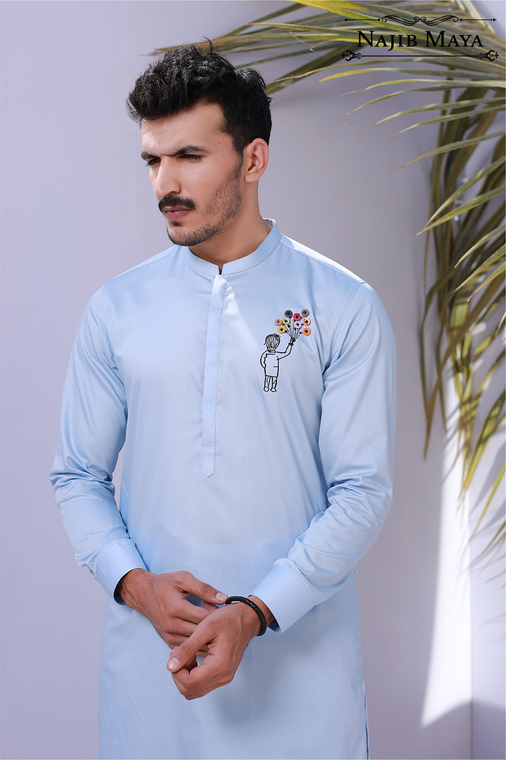 Light Blue Front Emboridery Kurta Pajama For Men's