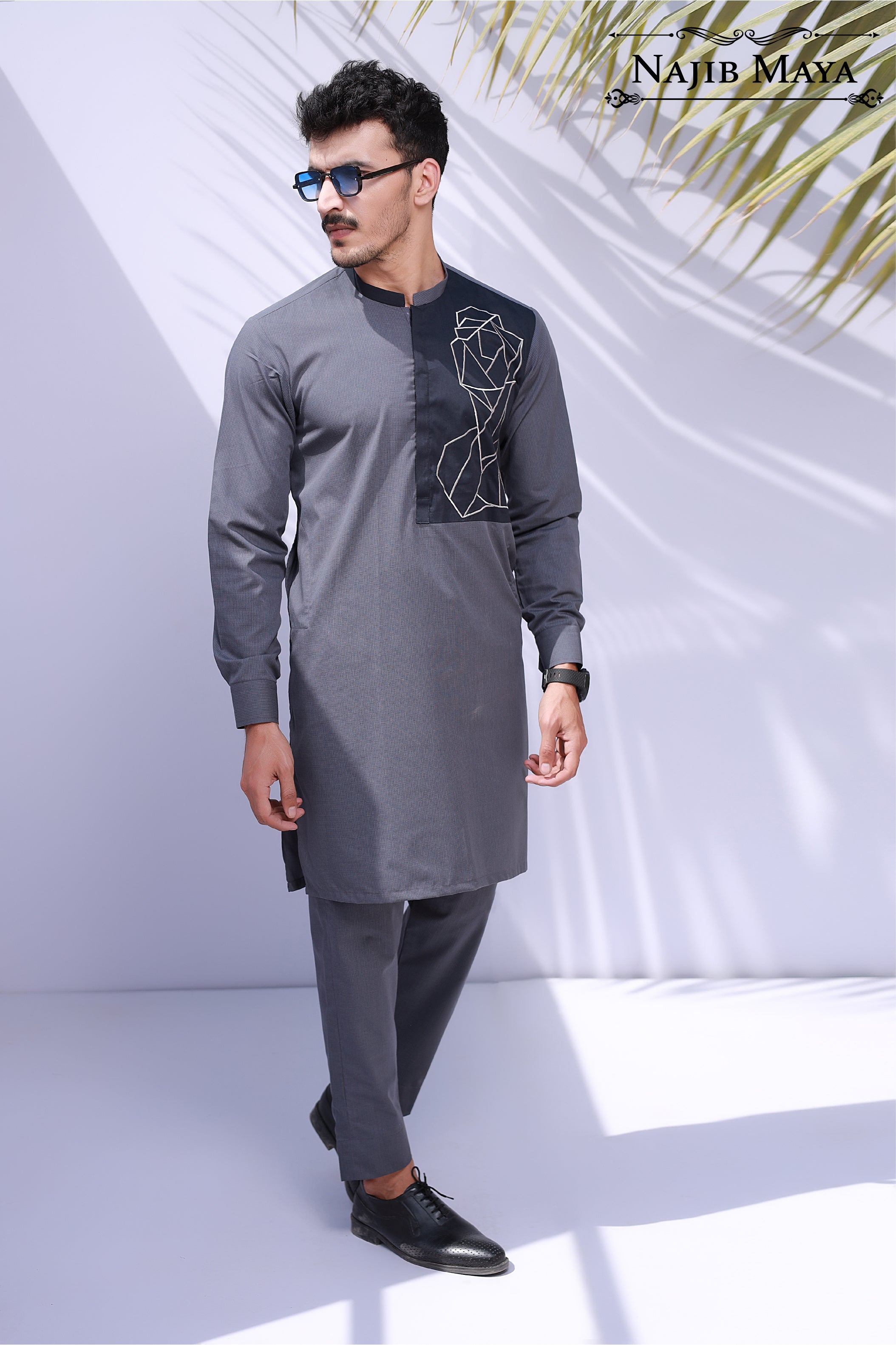 Grey Front Embroidered Kurta Pajama For Men's Main image