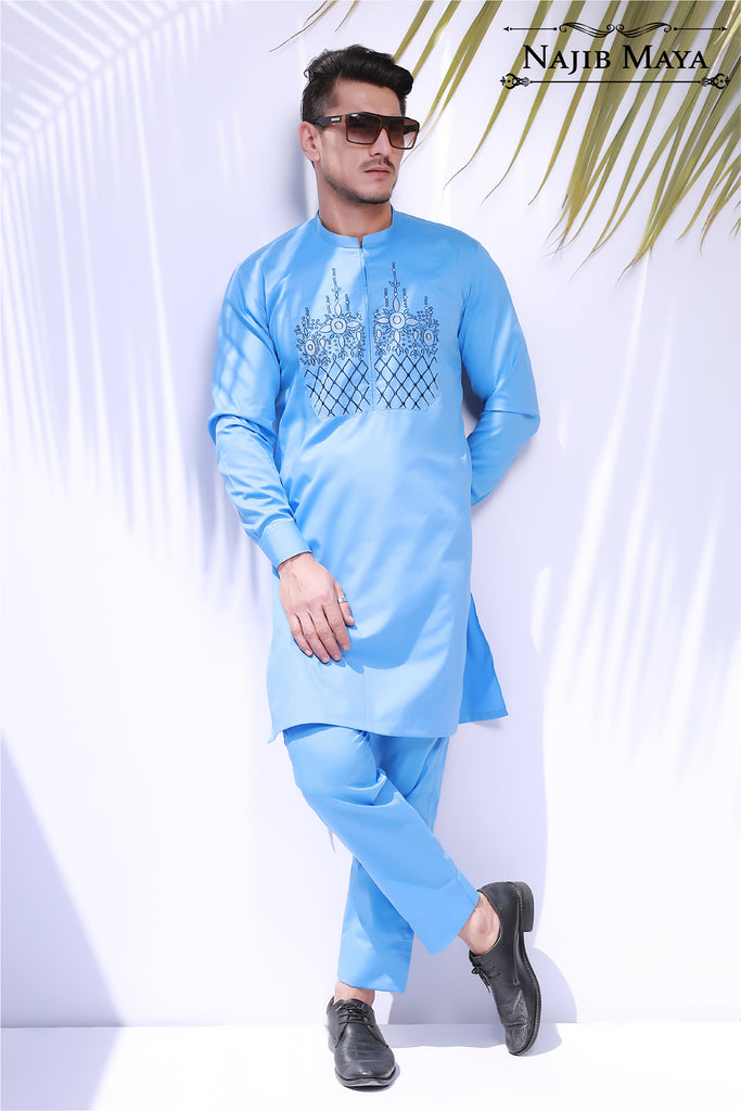 Blue Front Emboridery Kurta Pajama For Men's