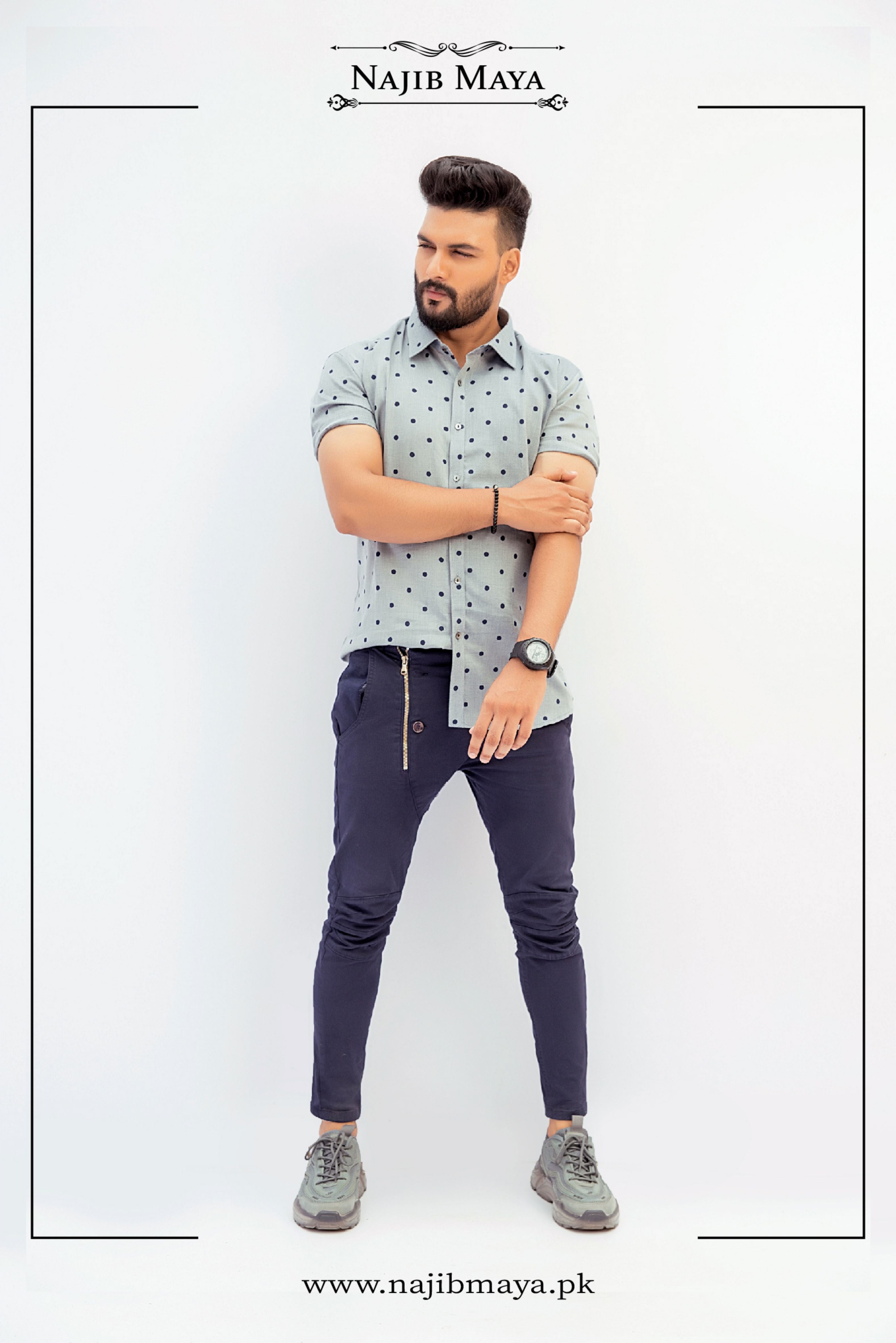 Gray Casual Shirt With Black Dot For Men's Main image
