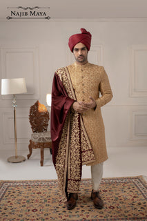 Stylish Golden Embroidered Sherwani For Men's