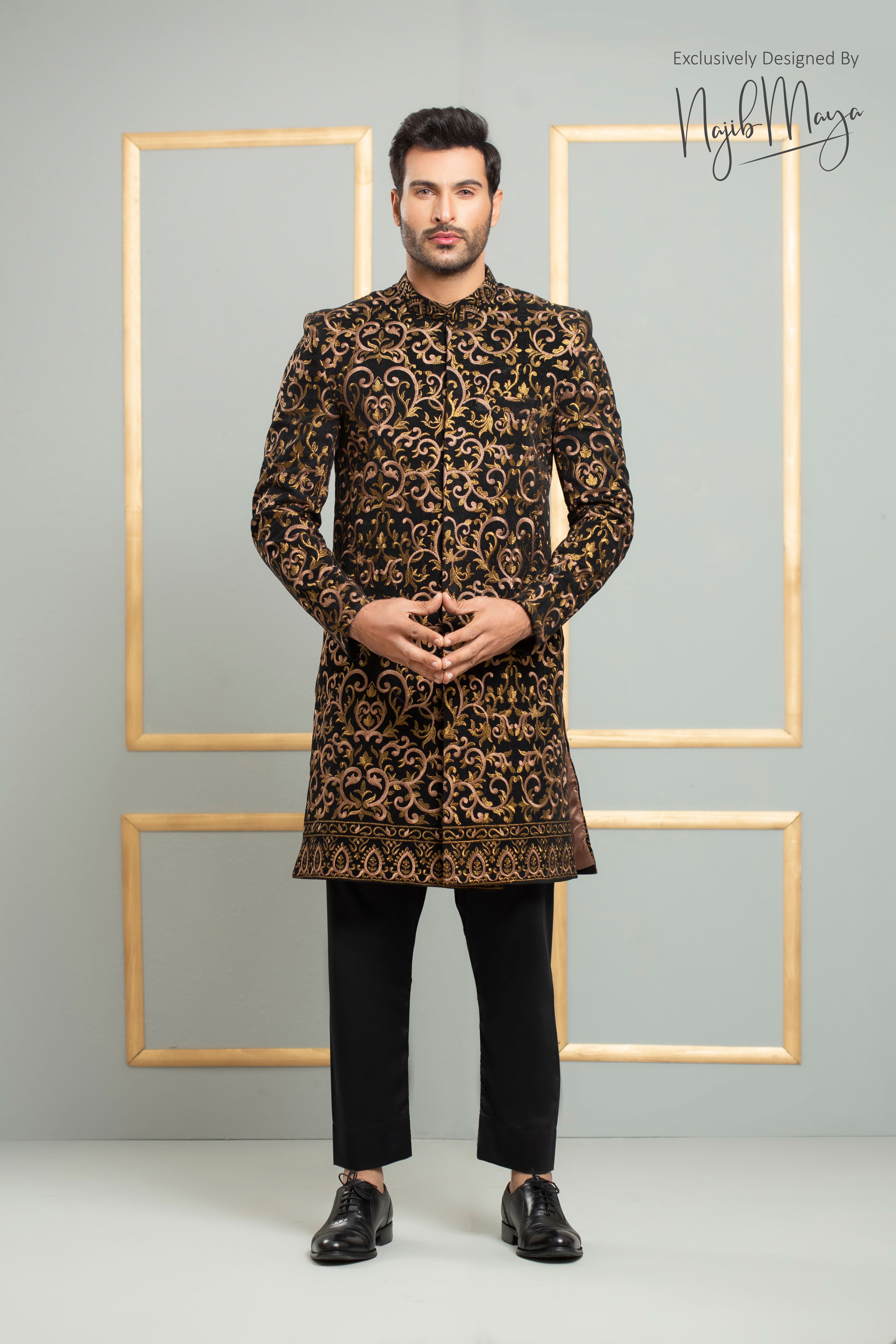 Black With Golden Sequence Embroidered Sherwani For Men's Secondary image