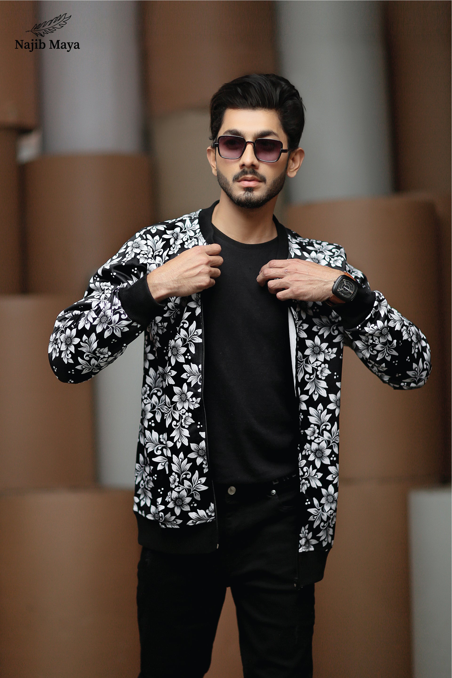 White Floral Bomber Jacket For Men's Main image