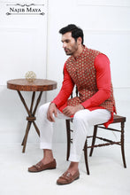 Load image into Gallery viewer, Red Embroidery Waist Coat For Men&#39;s