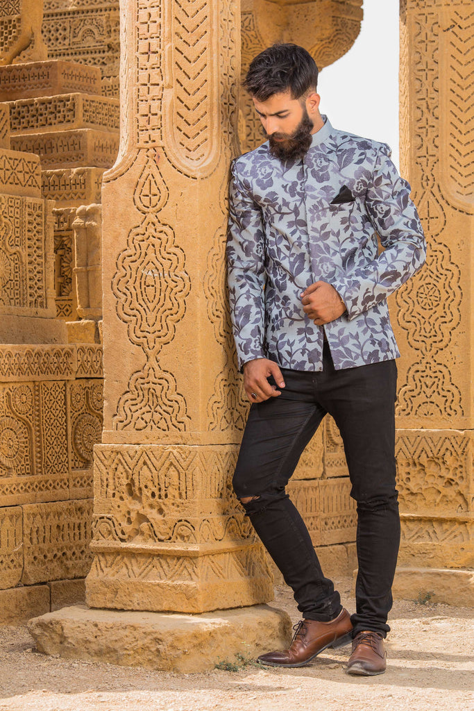 Grayish Printed Prince Coat With Black Pant For Men's