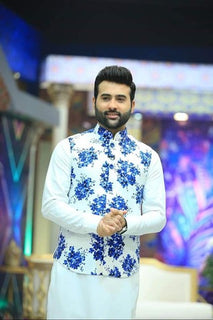 White Waist Coat With Blue Flower For Men's