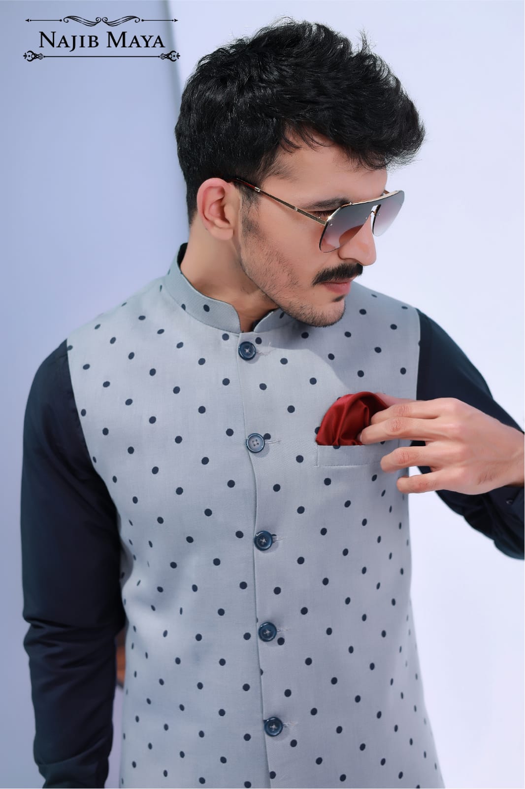 Grey With Navy Blue Dot Waist Coat For Men's Secondary image