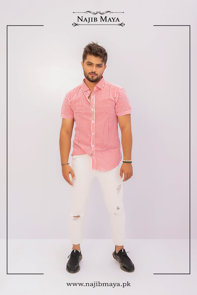 Pink Lining Half Sleeve Casual Shirt For Men's