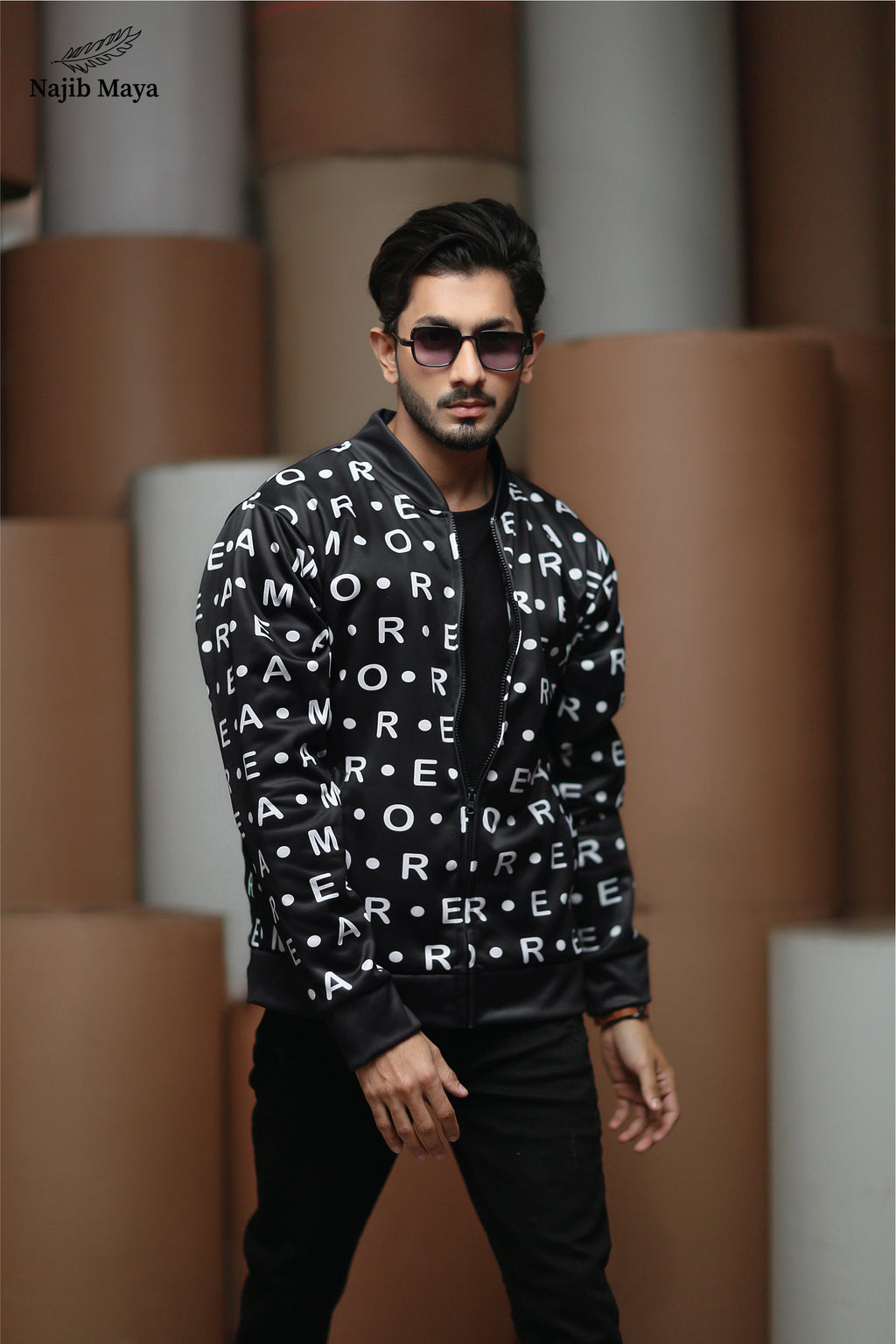 Black Alphabet Bomber Jacket For Men's