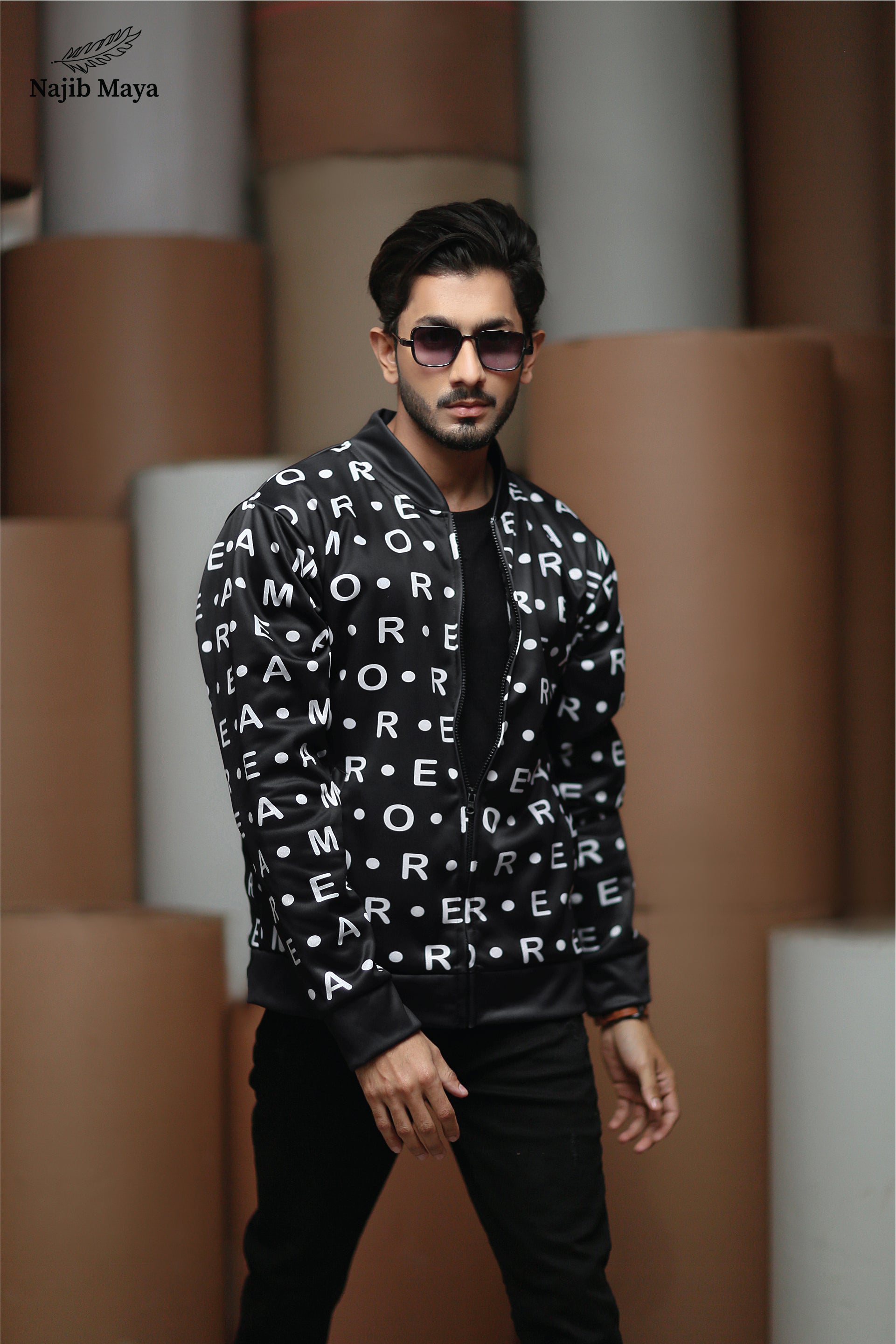 Black Alphabet Bomber Jacket For Men's