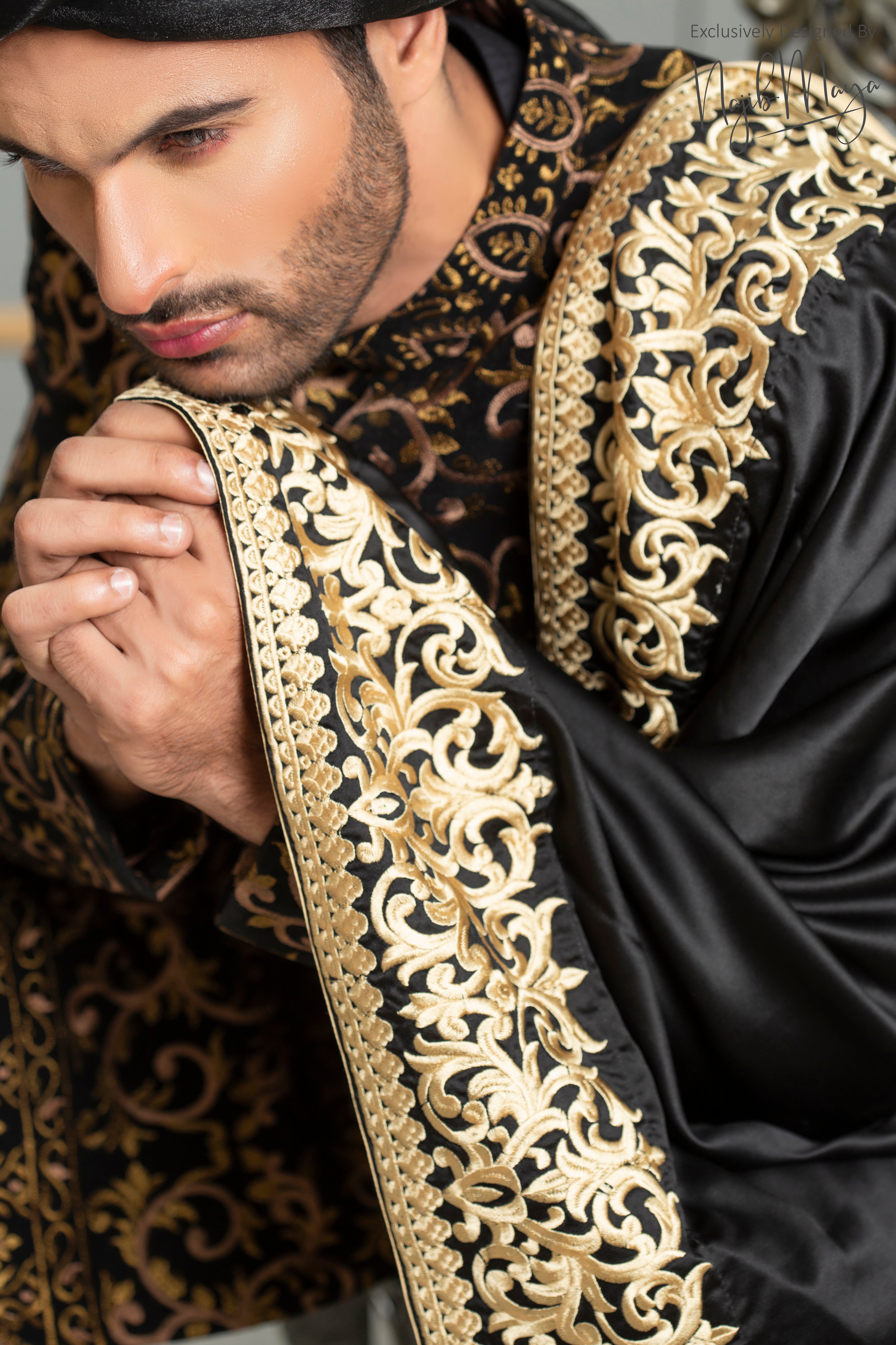 Black With Golden Sequence Embroidered Sherwani For Men's
